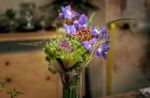 Composizione floreale con Iris e bacche di Rosa canina
